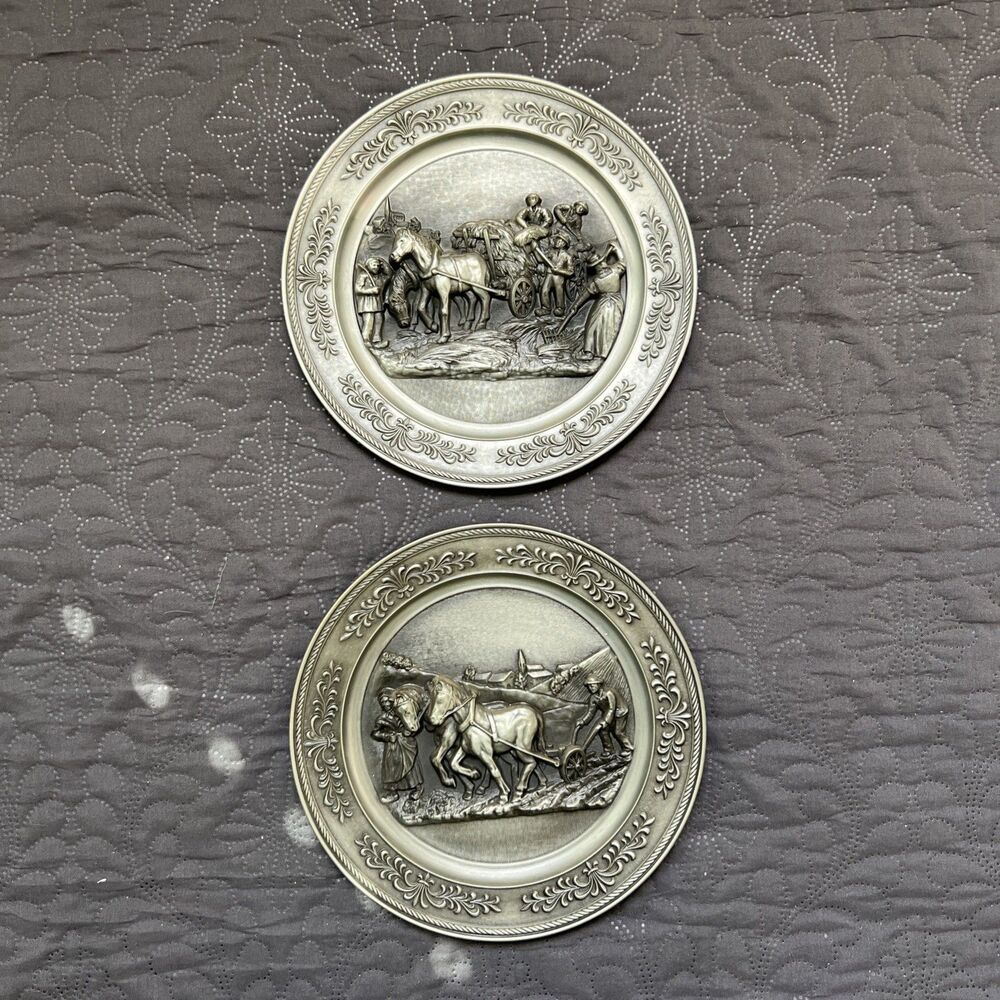 VTG German Zinn Pewter Plates 1981/1984 Wandertag Farm Scene 2pc Set Collectible